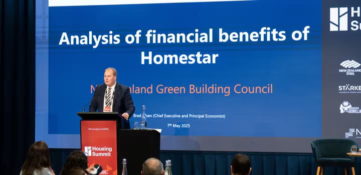Brad Olsen presenting at the NZ Green Building Housing Summit 2025