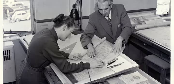 Staff at Work. Chief Civil Engineer's drawing office, New Zealand Railways Corporation