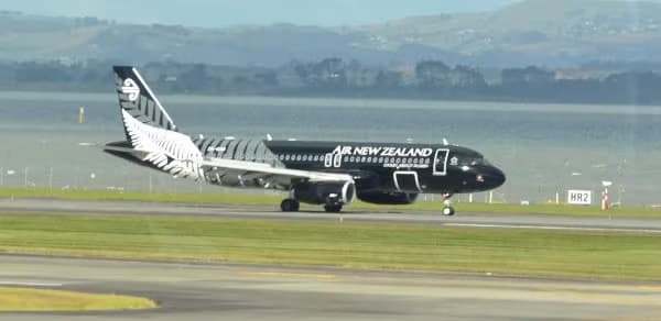 Air NZ All Black A320 landing in Auckland taken from the terminal departure lounge