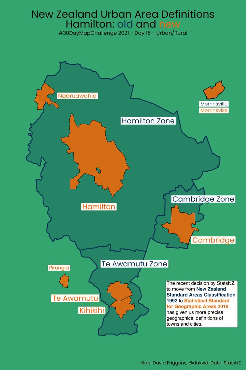 Map: New Zealand Urban Area Definitions - Hamilton: old and new