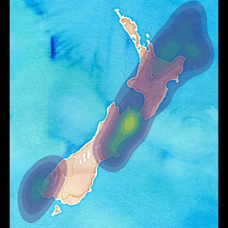 Map: heatmap of earthquakes in New Zealand