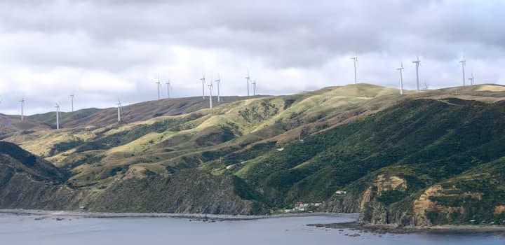 Wind turbines on Makara Beach, Wellington, New Zealand