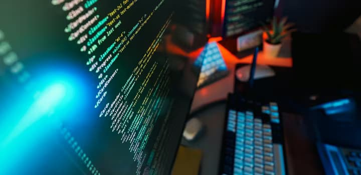 Futuristic Workspace with Coding on Monitor