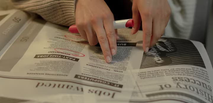 Woman looking for job in newspaper